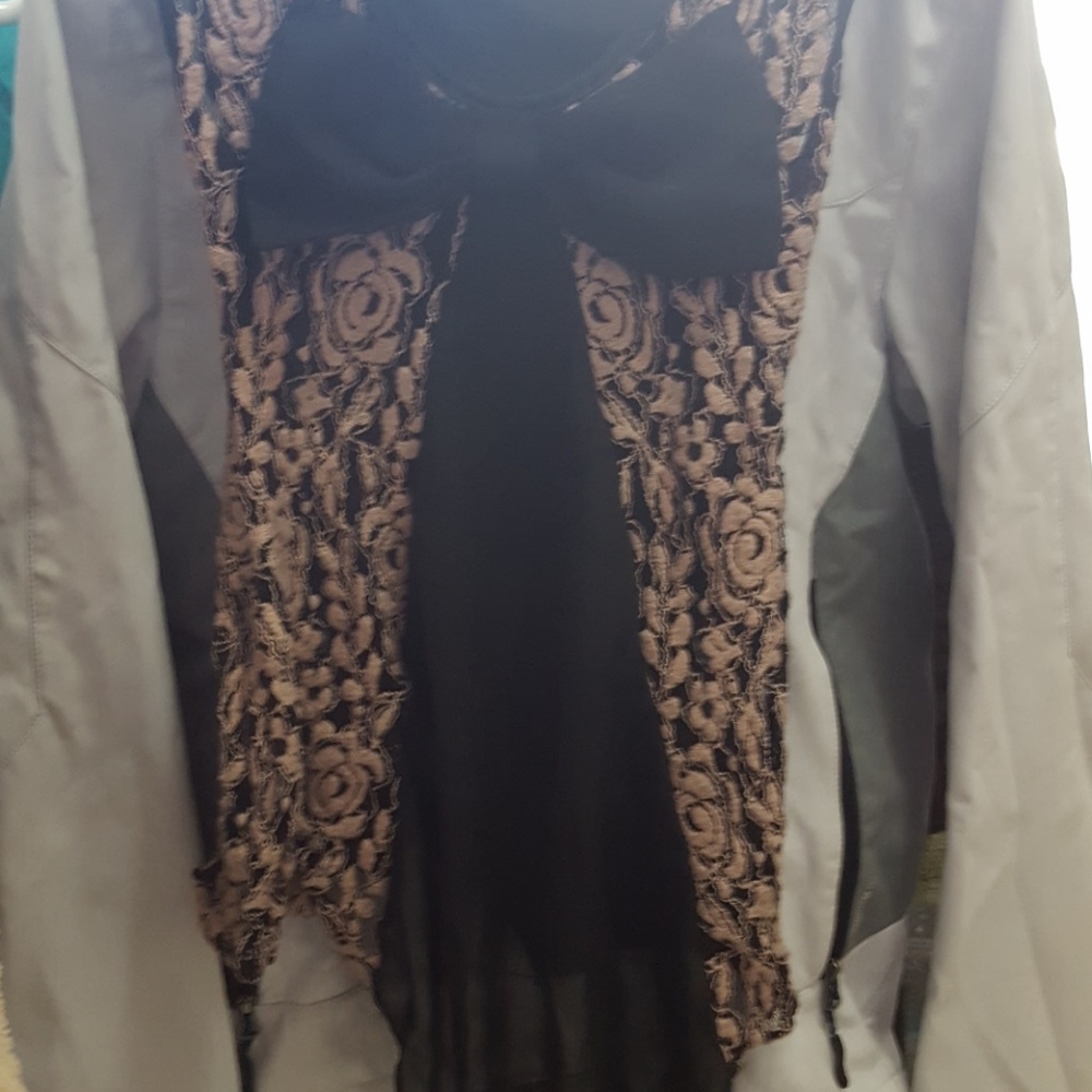 Tan and black lace with bow blouse